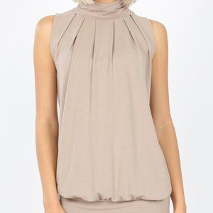 SLEEVELESS HIGH NECK PLEATED TOP WITH WAISTBAND